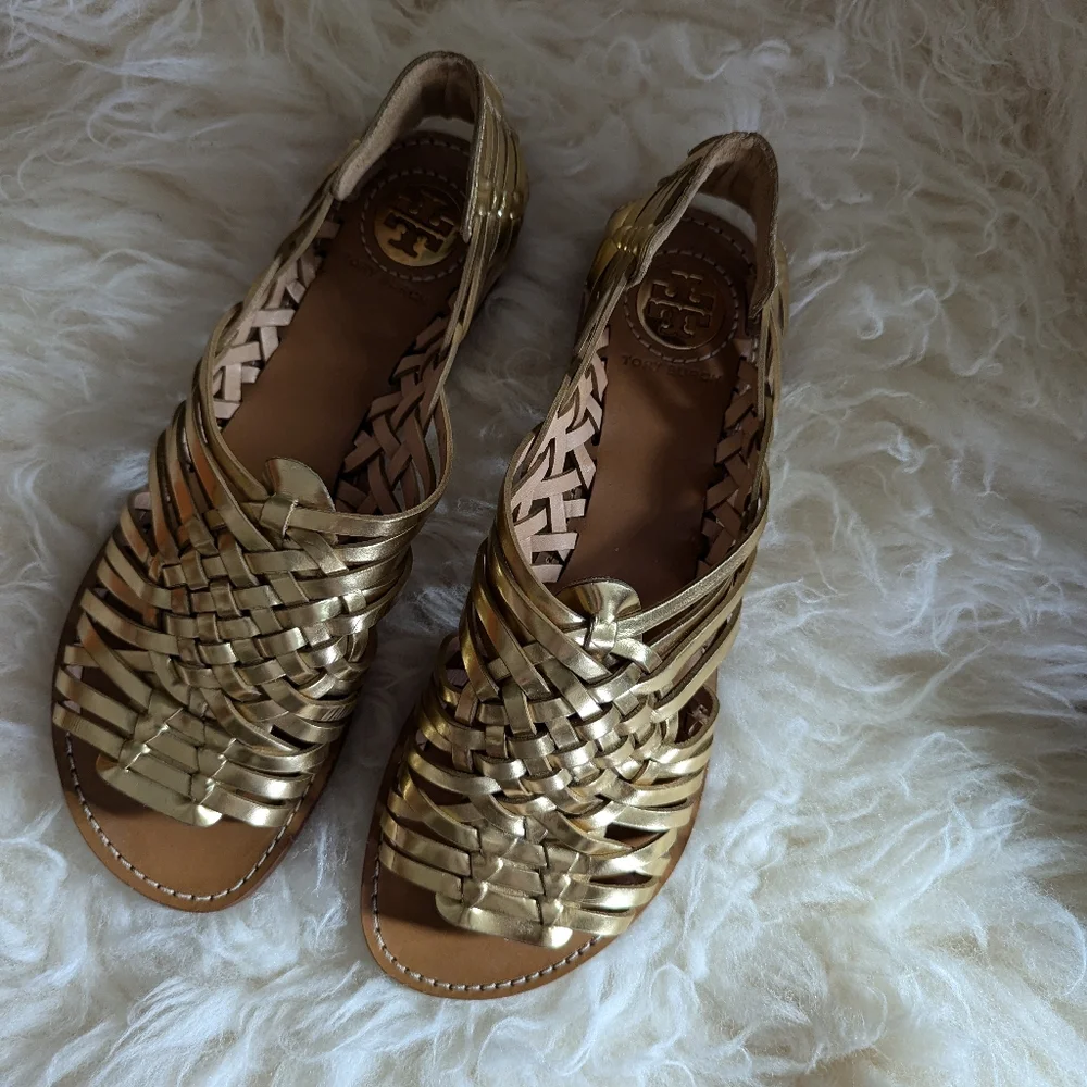 Tory Burch Golden Woven Huarache Sandals - Picture 2 of 9